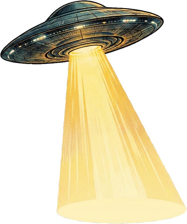 Illustrated flying saucer beaming clothes up into its light