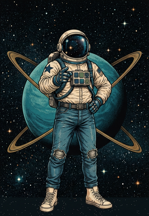 Illustrated astronaut in jeans and high-top sneakers pointing at the viewer, in front of a blue planet with crossing rings