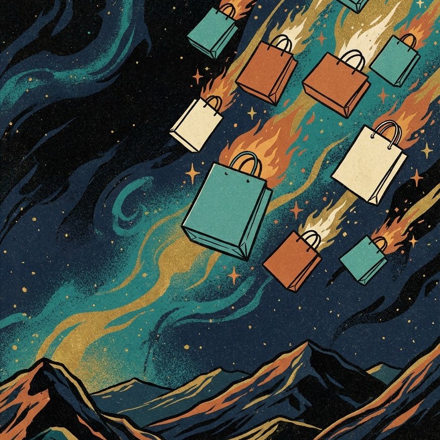 Illustrated shopping bags streaking through a starry sky like meteors over the mountains