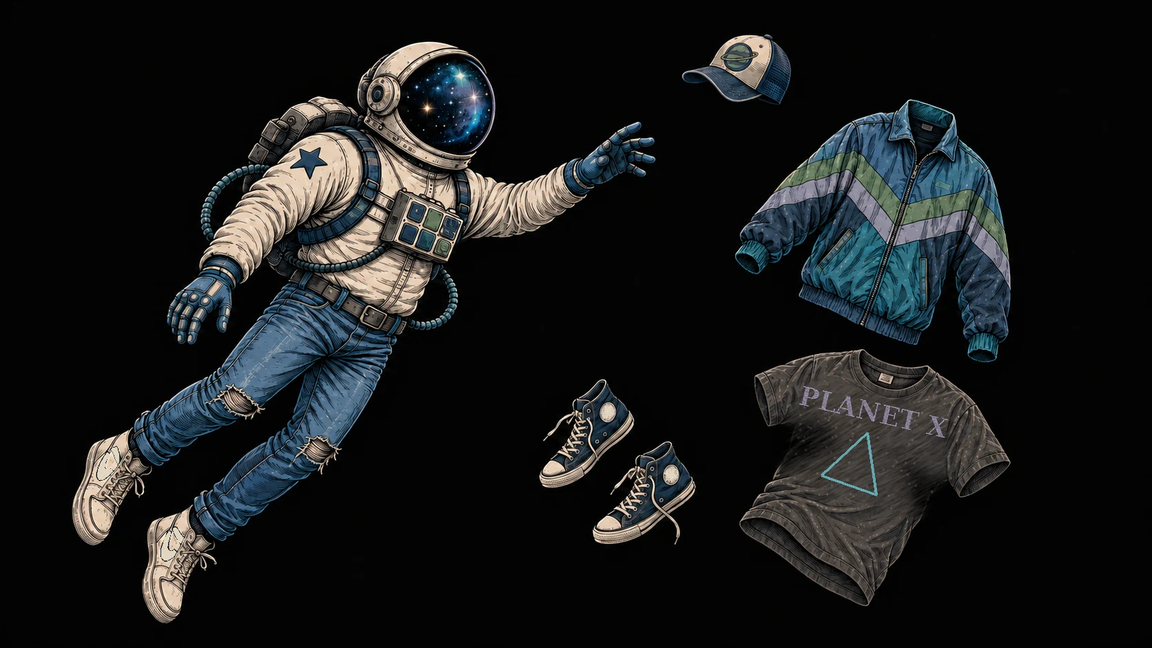 Illustrated astronaut in jeans and sneakers reaching for a floating cap, jacket, tee and sneakers
