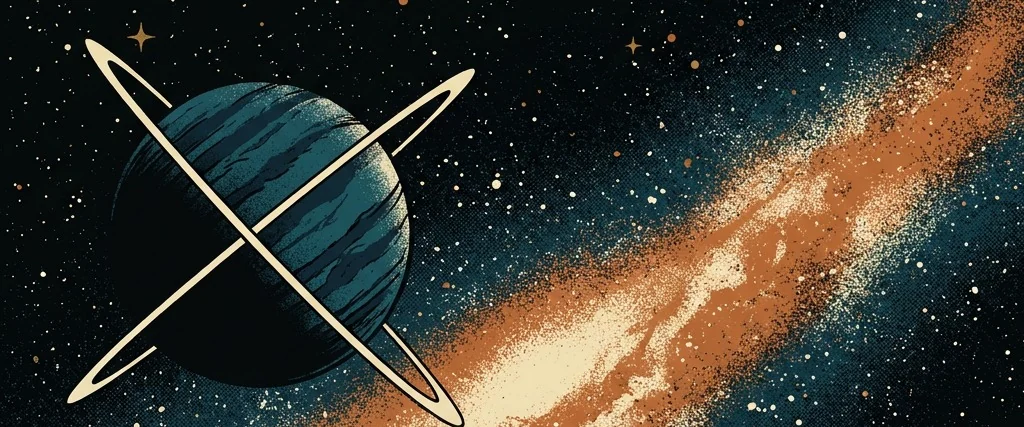 Illustrated deep space with the Milky Way and a ringed teal planet