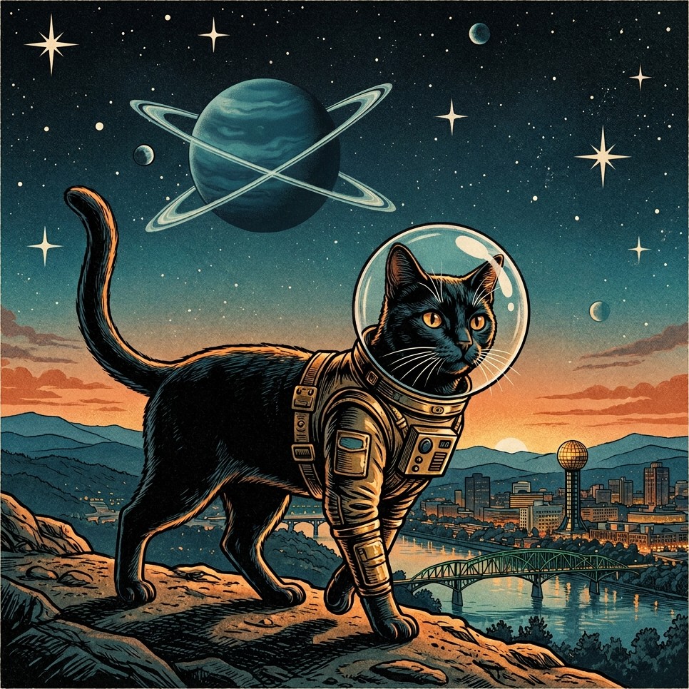 Illustrated black cat in a brass spacesuit and bubble helmet walking on a ridge above the Knoxville skyline at dusk, with the Sunsphere and Gay Street Bridge below and a ringed blue planet in the sky.